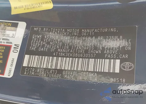 2011 Toyota Camry Xle V6 z USA, uszkodzony, nr VIN 4T1BK3EK0BU630557